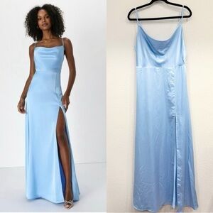 NWOT Lulus Formal Invitation Light Blue Satin Cowl Neck Maxi Dress‎
